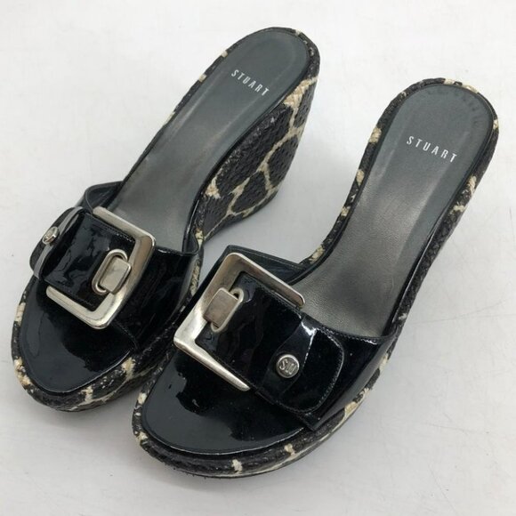 Stuart Weitzman Clipper Giraffe print platform wedge slides black leather size X - Picture 3 of 12